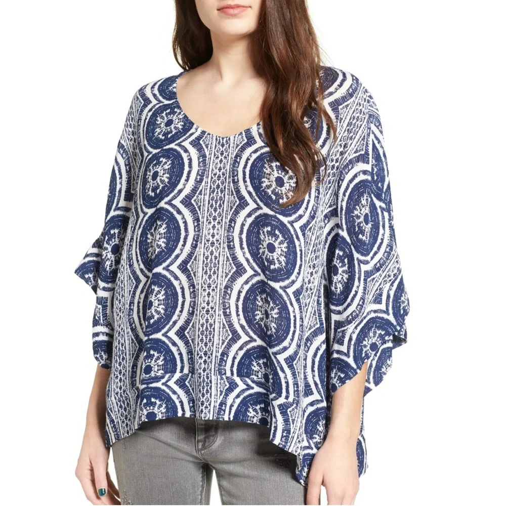 Roxy Koggala blue white print wide kimono short sleeve scoop neck top shirt - Picture 1 of 11